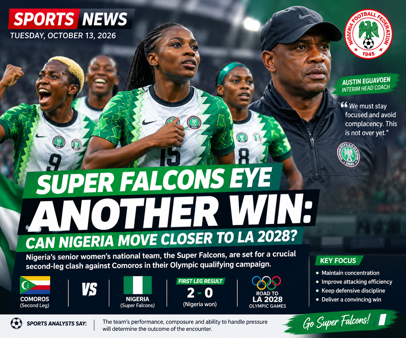SPORTS NEWS: SUPER FALCONS TARGET ANOTHER VICTORY AS NIGERIA CHASES OLYMPIC QUALIFICATIONTuesday, October 13, 2026
