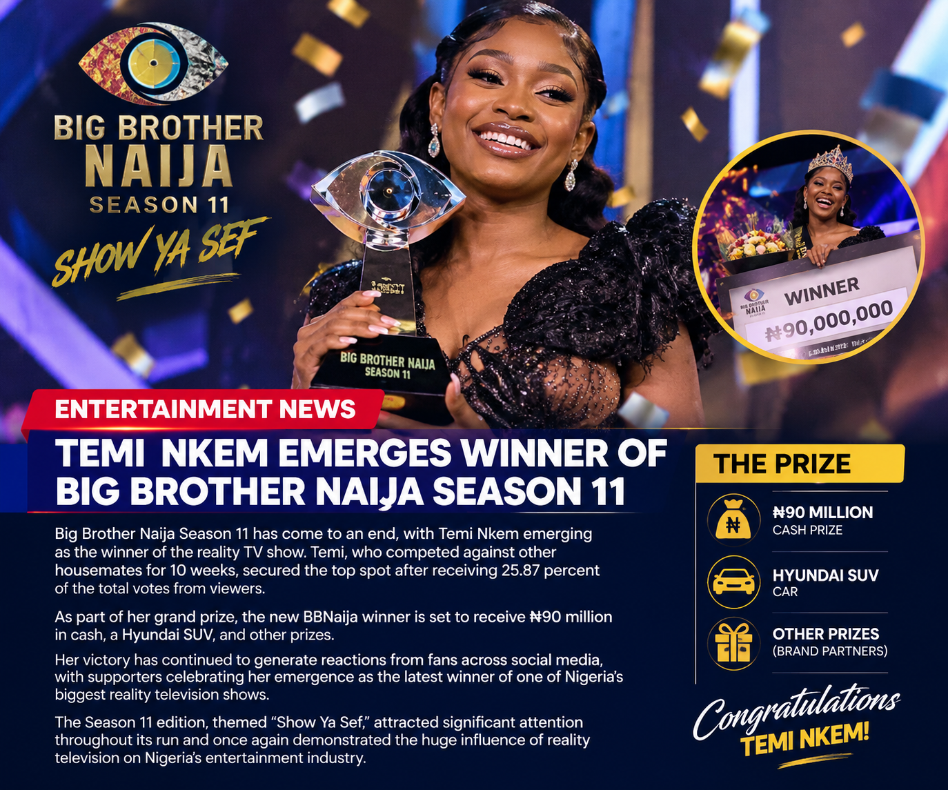 Temi Nkem Emerges Winner of Big Brother Naija Season 11